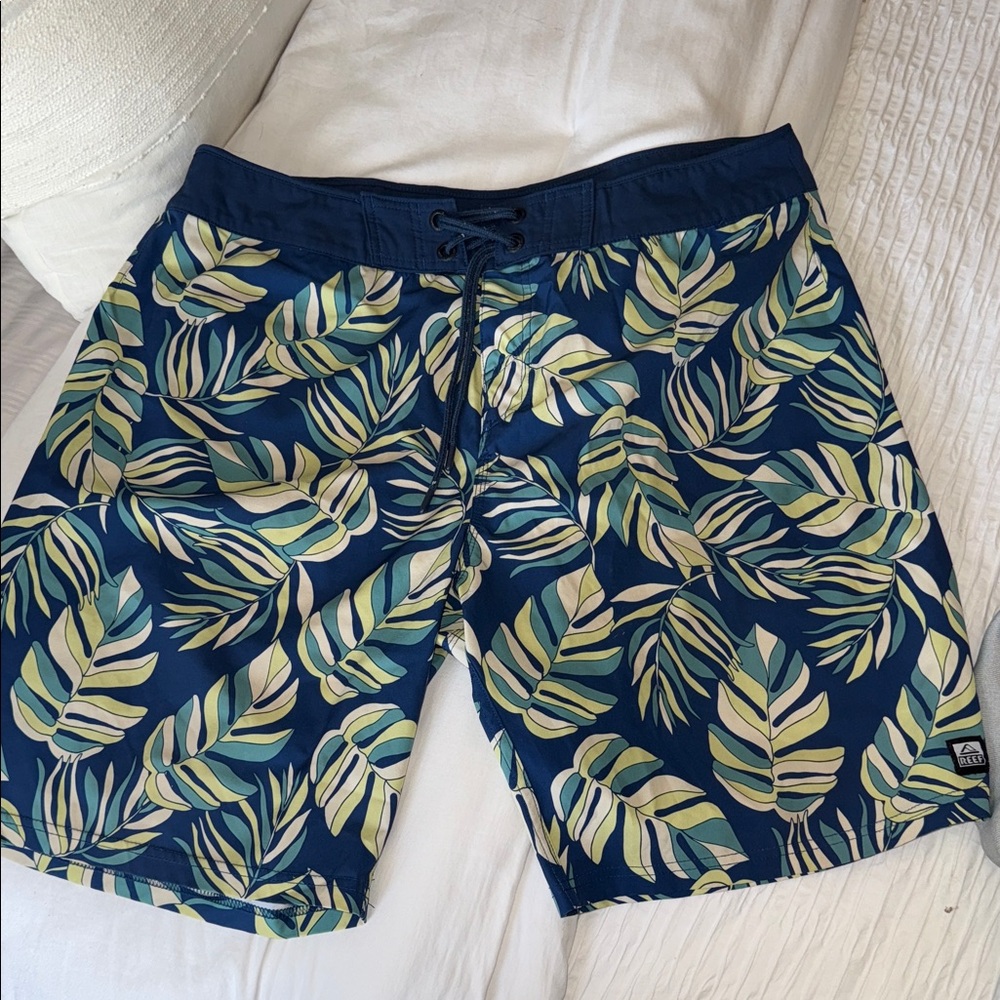 Reef Blue and Yellow Leaf Print Board Shorts